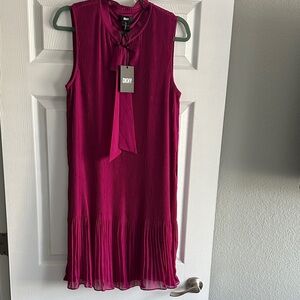 DKNY Berry Tie Neck Pleated Sleeveless Dress